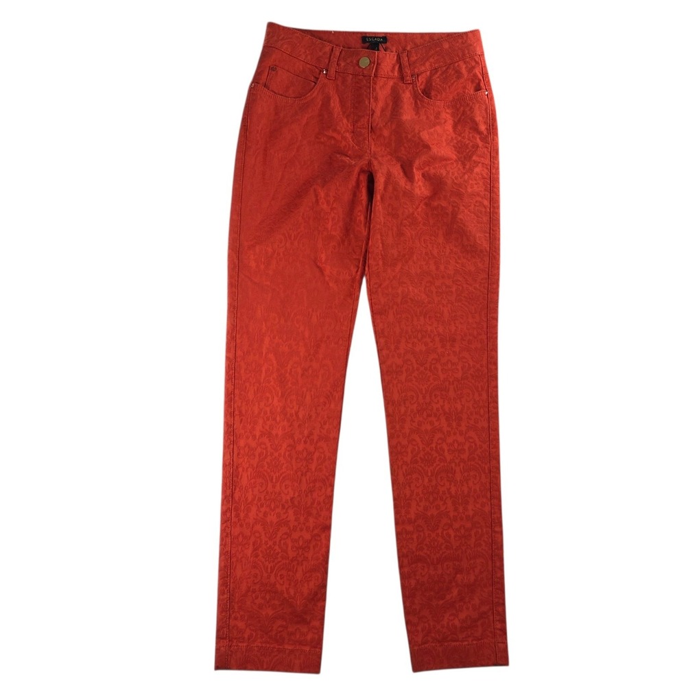 Escada Carmine Red Jacquard Pants‎ Damask Swarovski Crystal Luxury Women 38